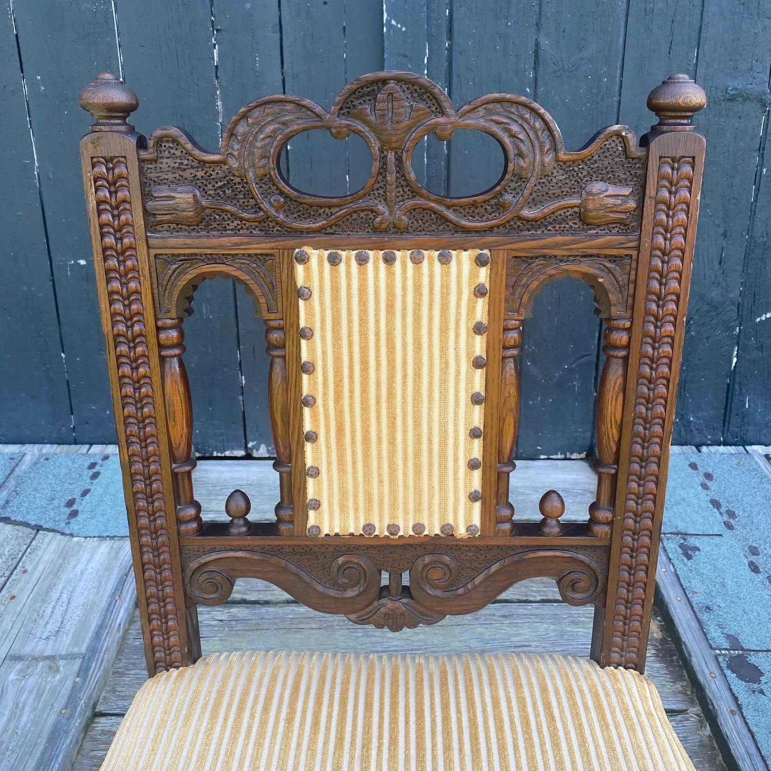 Upholstery Antique Set of 8 British Jacobean Style Carved Oak Dining Chairs