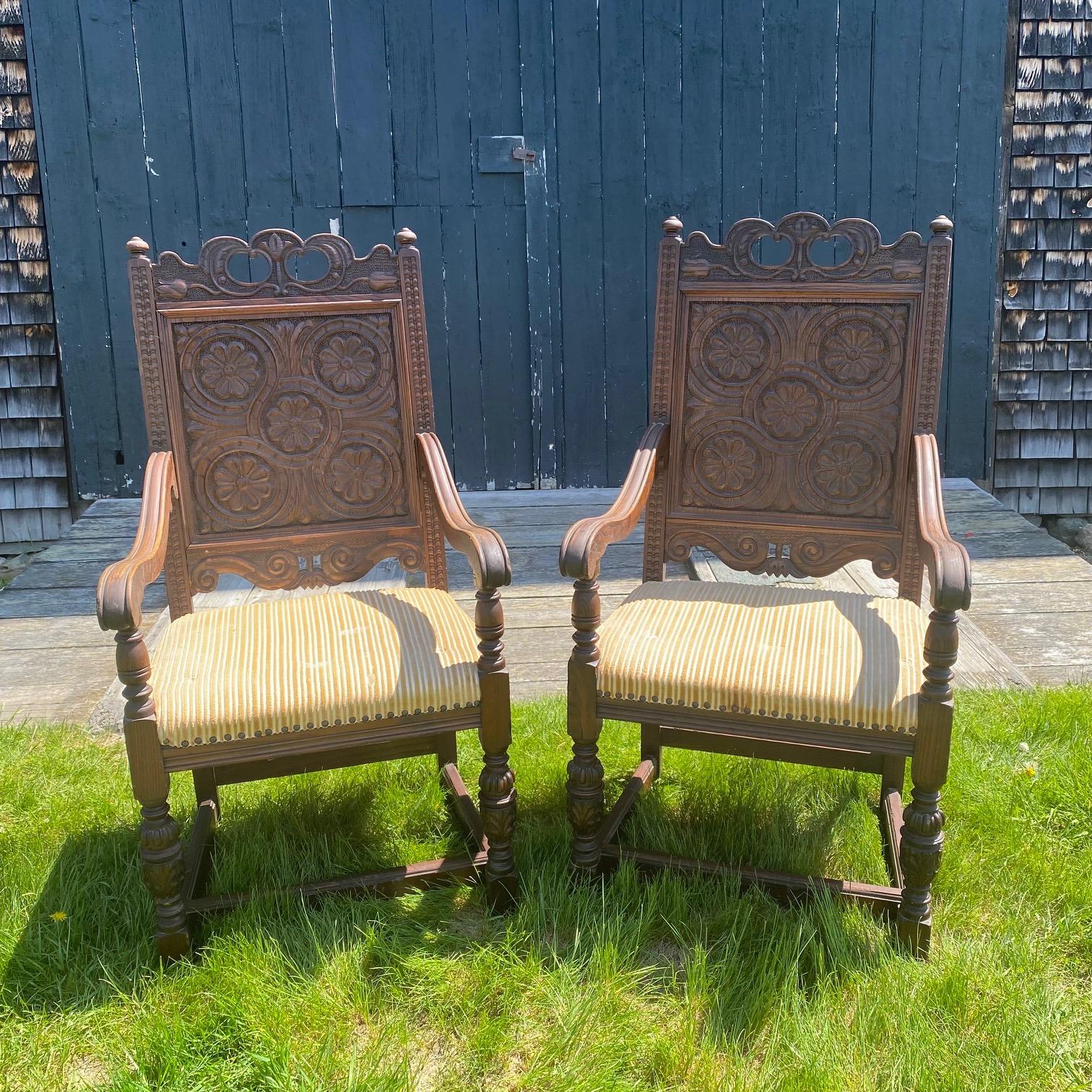 Antique Set of 8 British Jacobean Style Carved Oak Dining Chairs 2