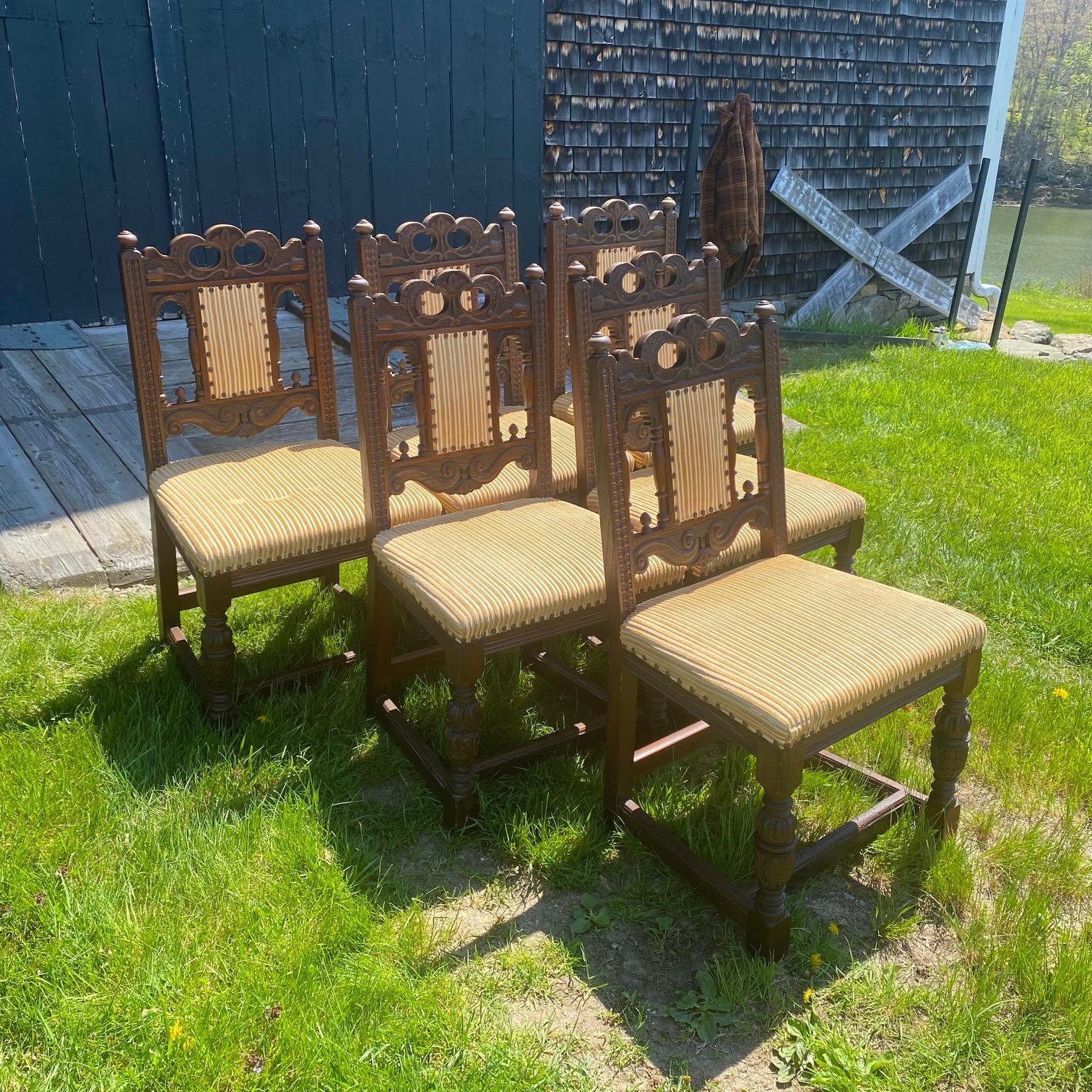 Antique Set of 8 British Jacobean Style Carved Oak Dining Chairs 3