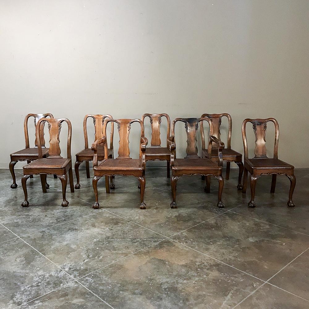 Antique Set of 8 Chippendale Chairs includes 2 Armchairs and was hand-crafted from fine imported mahogany with classic lines including boldly scrolled cabriole legs with talon & ball feet.  Subtle carved detail creates an elegant effect, while the