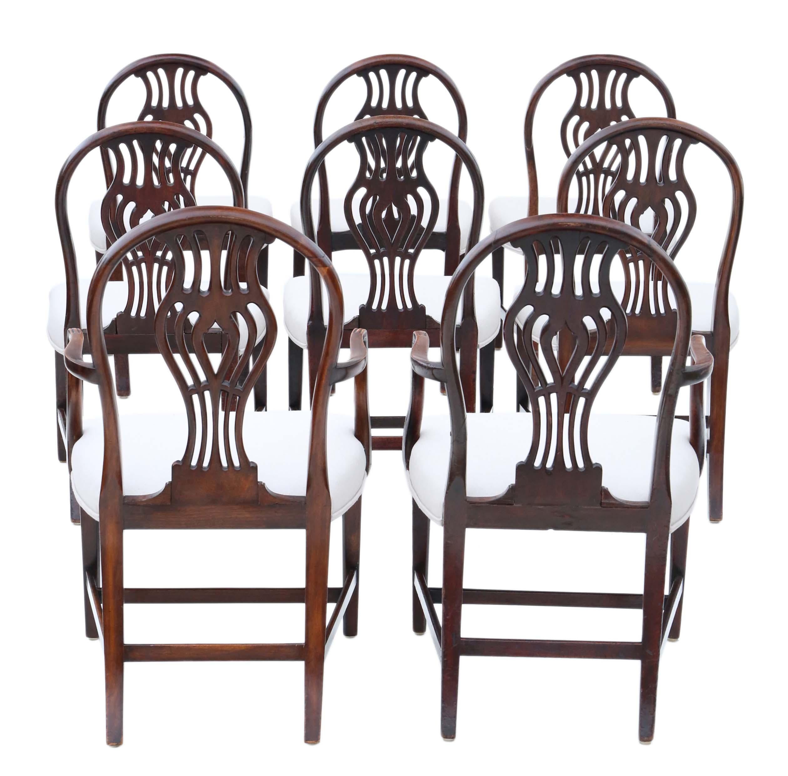 Antique fine quality set of 8 Georgian mahogany dining chairs 18th century, C1760.

A rare find and a bit special, full of age, character and charm.

No loose joints.

New, professional upholstery.

Overall maximum dimensions:

Carvers