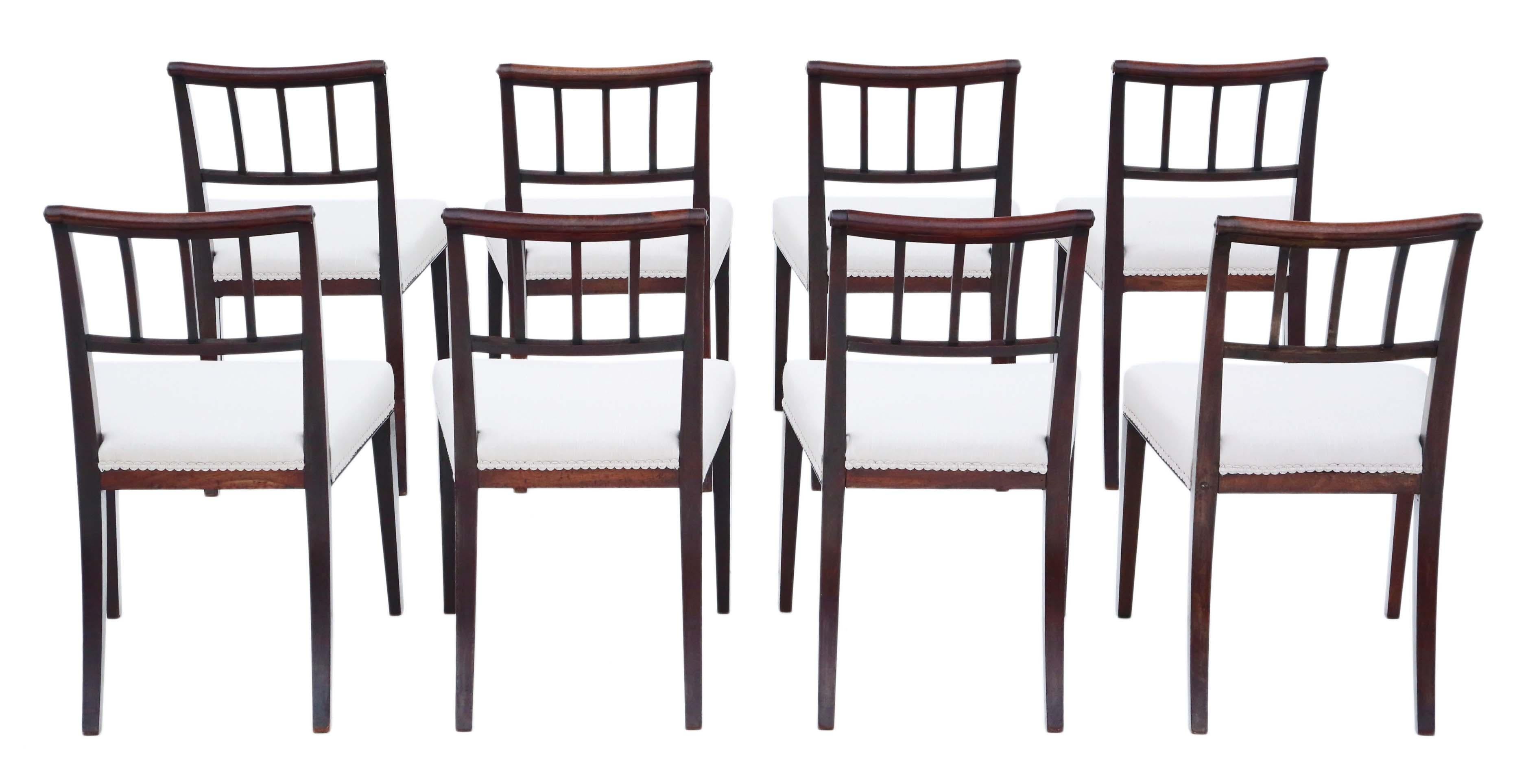 Antique fine quality set of 8 Georgian mahogany dining chairs C1810. Very rare, with an elegant design!

No loose joints.

New professional upholstery.

Overall maximum dimensions: 51cm W x 50cm D x 84cm H (44cm H seat when sat on)

Good