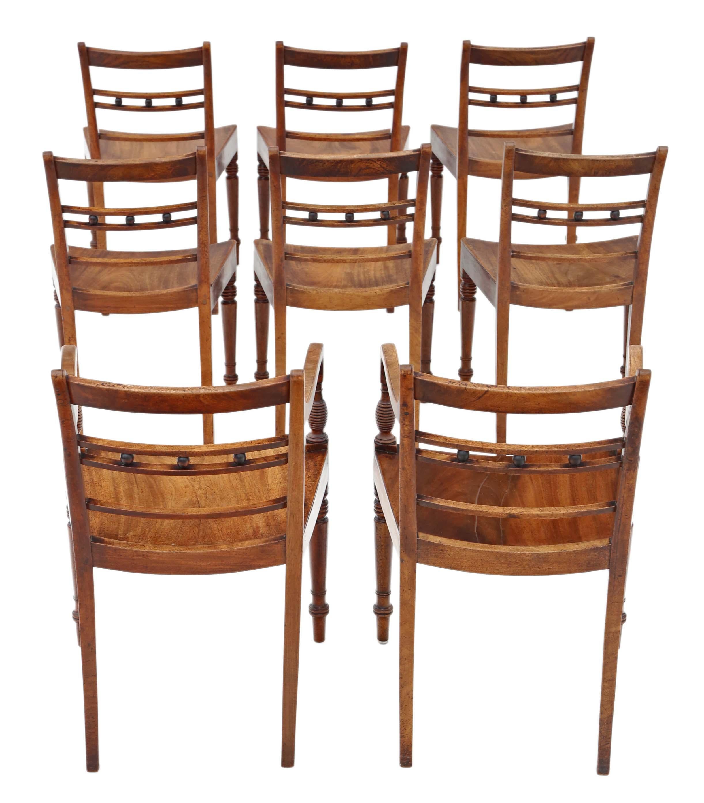 Antique set of 8 light mahogany 19th century East Anglian kitchen dining chairs.

Date from the first half of the 19th century. Fantastic age, best colour and patina. Desirable Suffolk design.

This set of chairs have the desirable color of elm, but