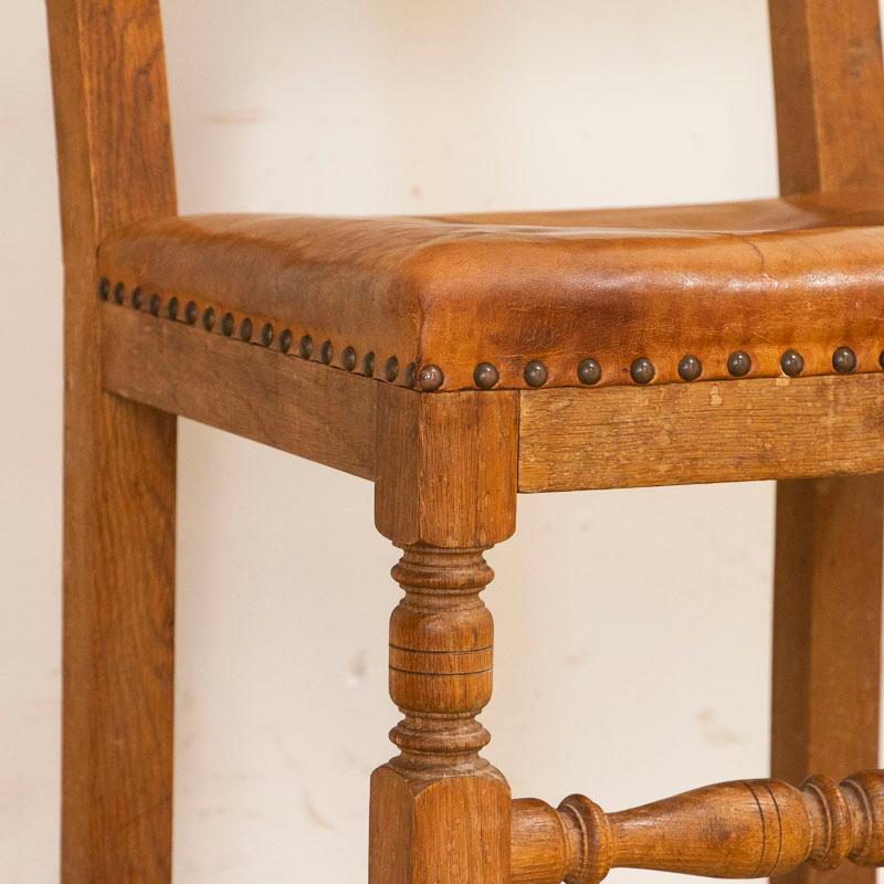 Danish Antique Set of 8 Oak Dining Chairs with Original Vintage Leather Seats and Backs