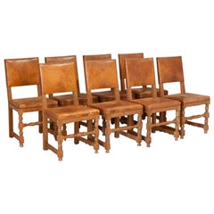 Antique Set of 8 Oak Dining Chairs with Original Vintage Leather Seats and Backs