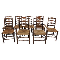 Antique Set of 8 Rush Seat Ladderback Oak Dining Chairs, Scotland 1910, B2594
