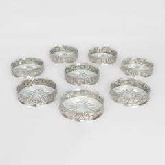 Antique Set of 8 S. Kirk & Son Repousse Sterling Silver & Cut Glass Coasters