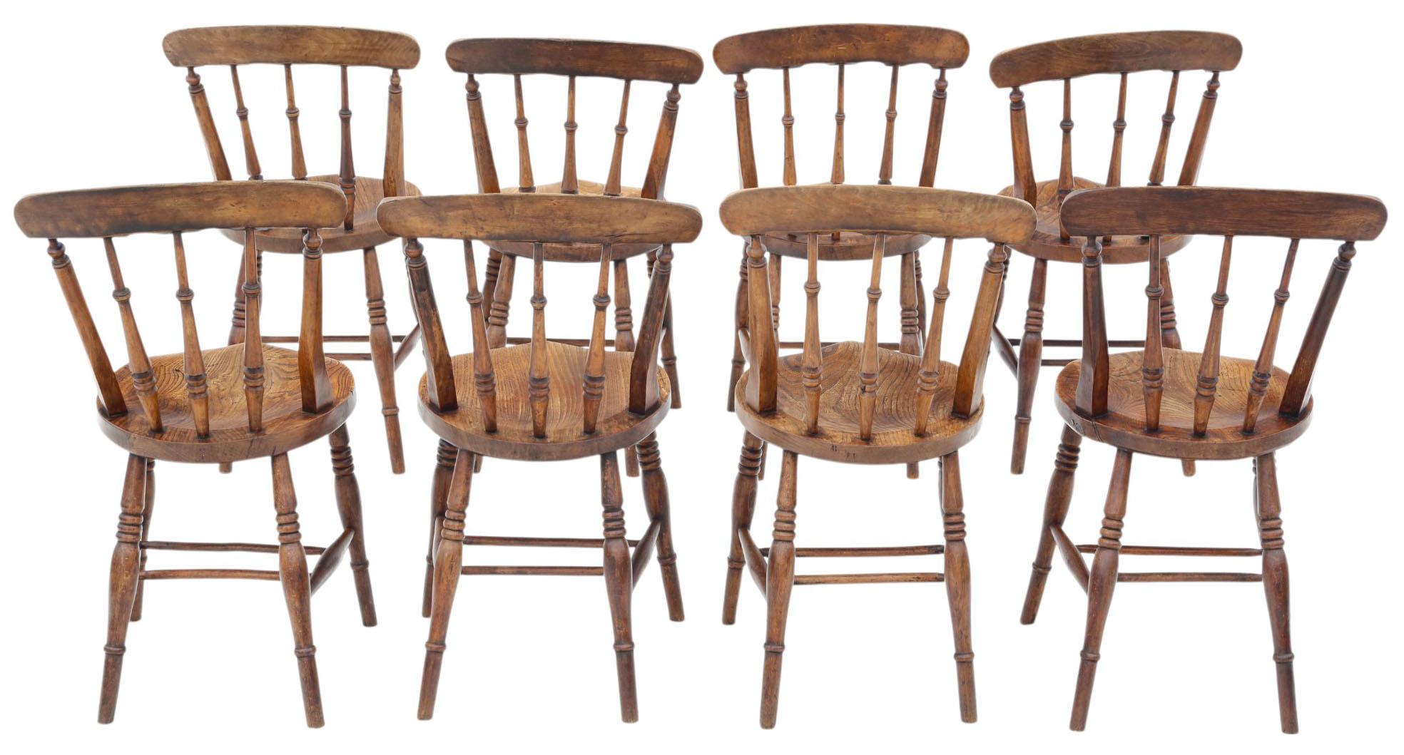 Set of 8 Antique Victorian Elm & Beech Kitchen Dining Chairs – 19th Century, Quality Originals

A rare and highly sought-after set of 8 Antique Victorian Elm & Beech Kitchen Dining Chairs, dating from the 19th century. These authentic, quality