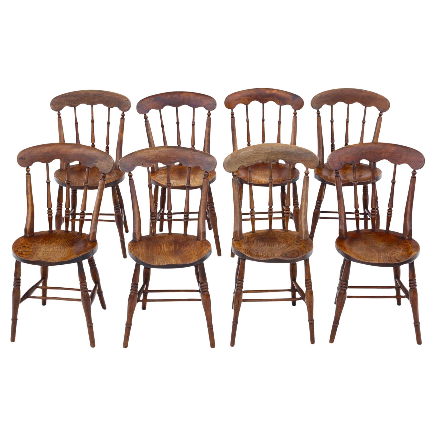 Antiguo Juego de 8 Sillas de Comedor de Cocina Victorianas de Haya Olmo Calidad Siglo XIX