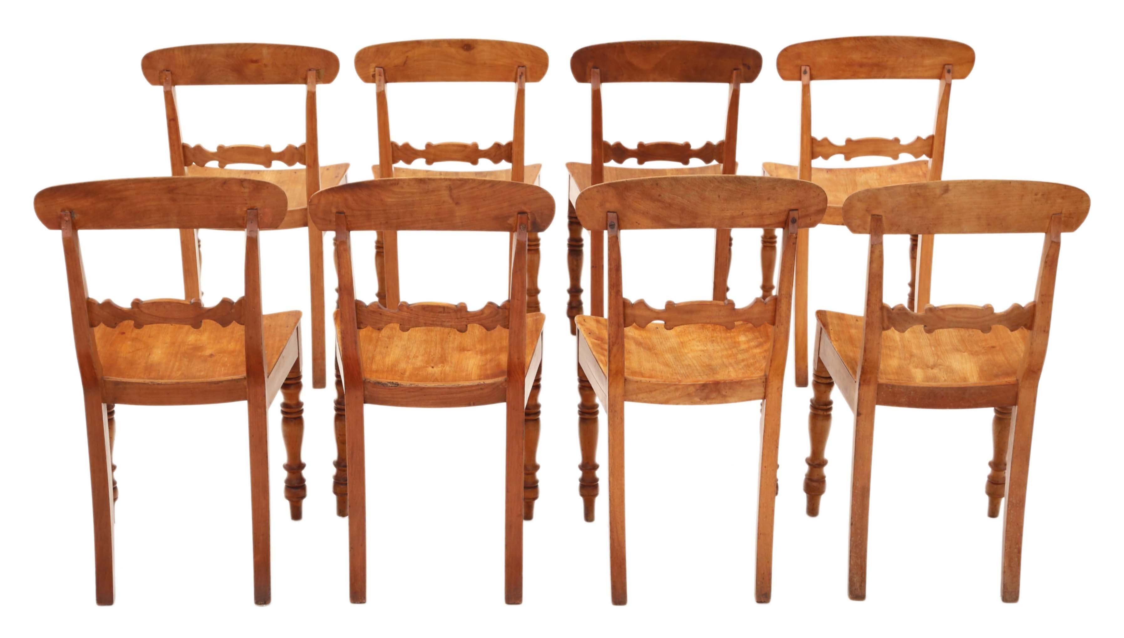 Antique fine quality set of 8 Victorian elm kitchen dining chairs C1860. Very rare, with an elegant design!

Mixed wood construction with elm seats and back. 

No loose joints.

Overall maximum dimensions: 46cmW x 45cmD x 89cmH (44cmH