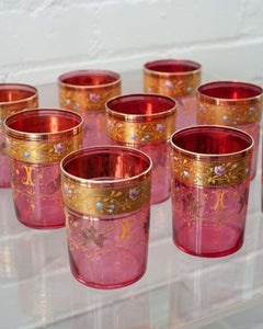 Antique Set of 9 Moser Gold Gilded Cranberry Tumbler Glasses