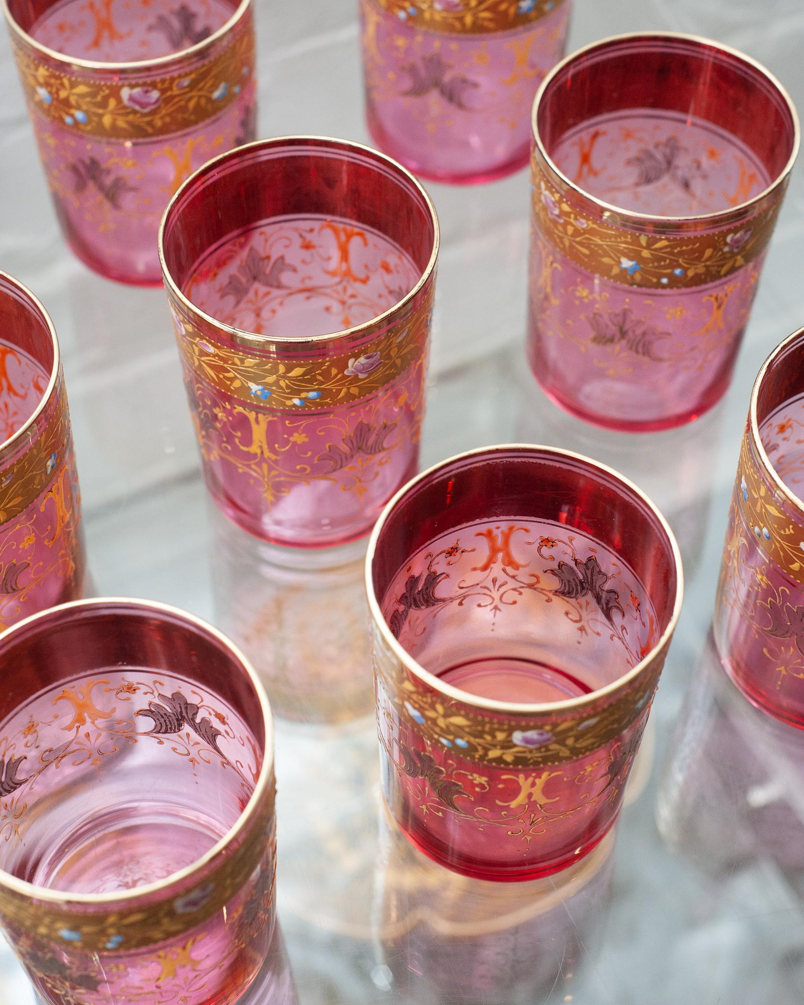Czech Antique Set of 9 Moser Gold Gilded Cranberry Tumbler Glasses For Sale