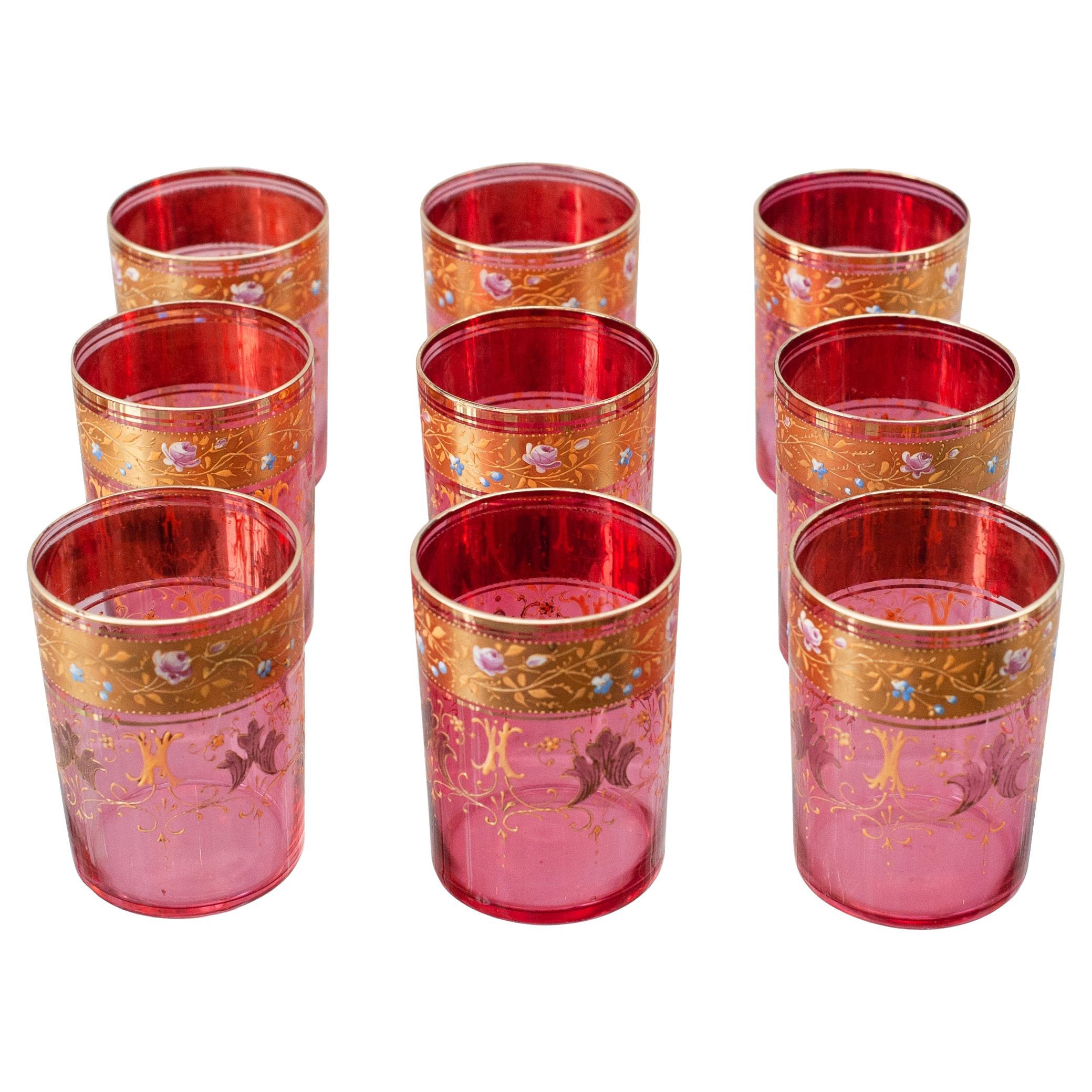 Antique Set of 9 Moser Gold Gilded Cranberry Tumbler Glasses