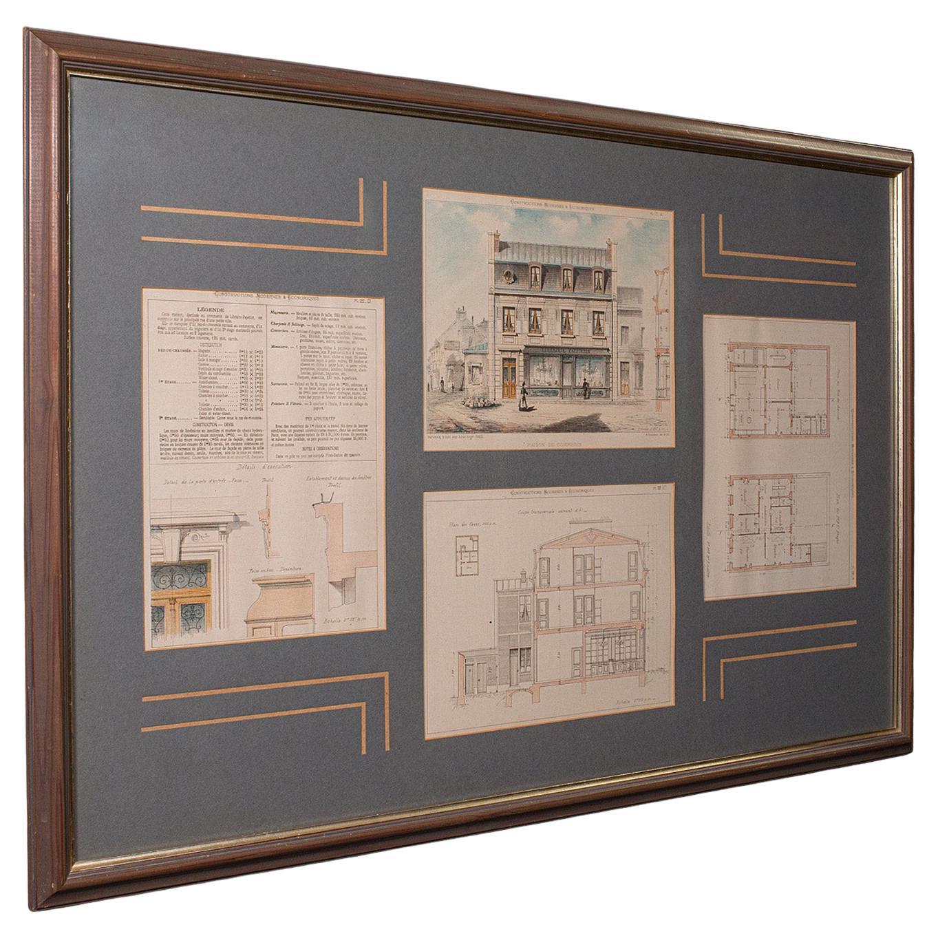 Antique Set of Architectural Plans, French, Framed Lithographs, Art, Victorian For Sale