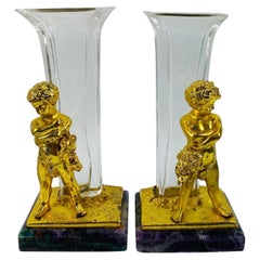 Antique Set Of Belle Epoque Gilt Bronze Cherub Glass Vases By Louis Kley 1800's