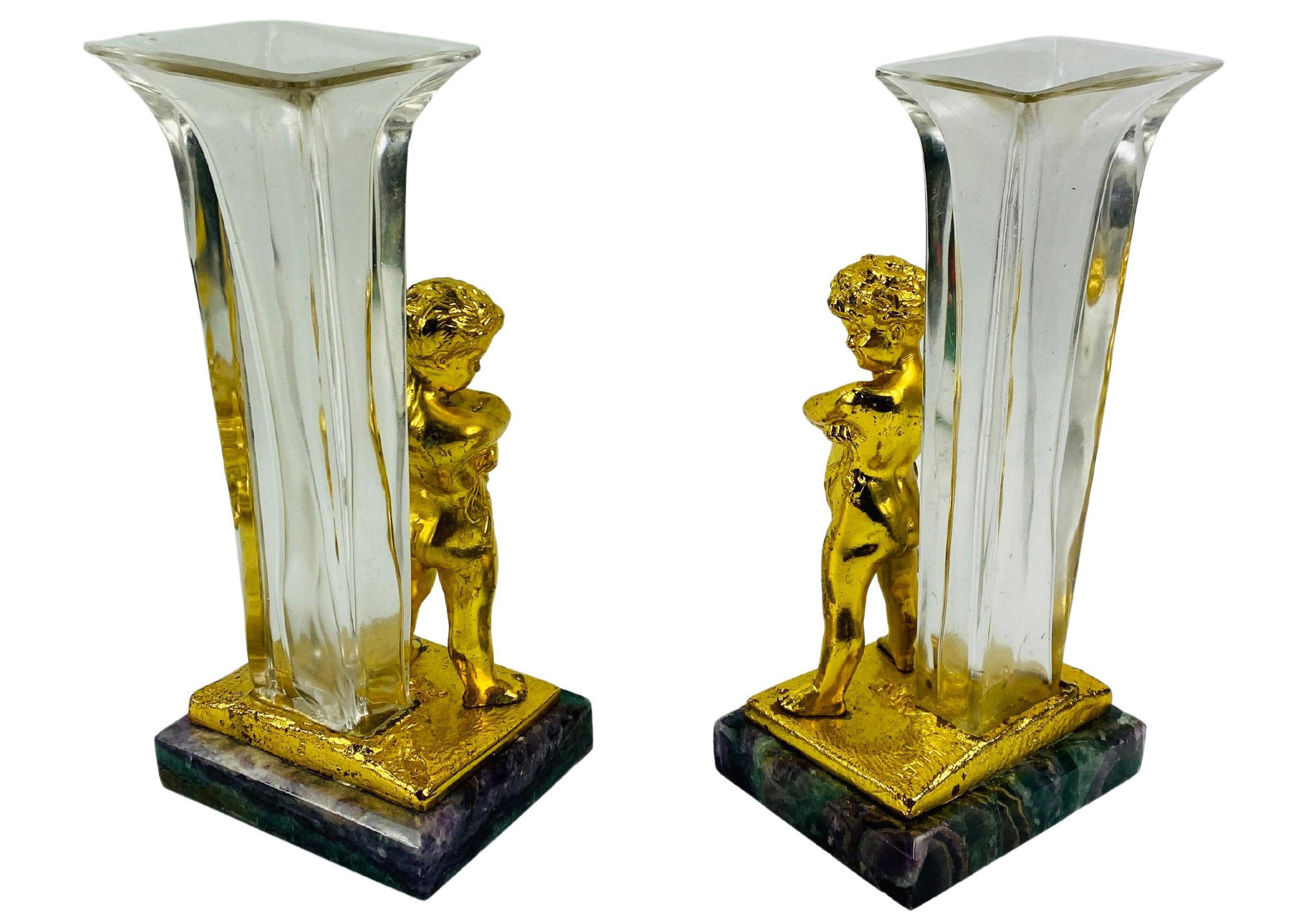 Romantic Antique Set Of Belle Epoque Gilt Bronze Putti Glass Vases By Louis Kley 1800's For Sale