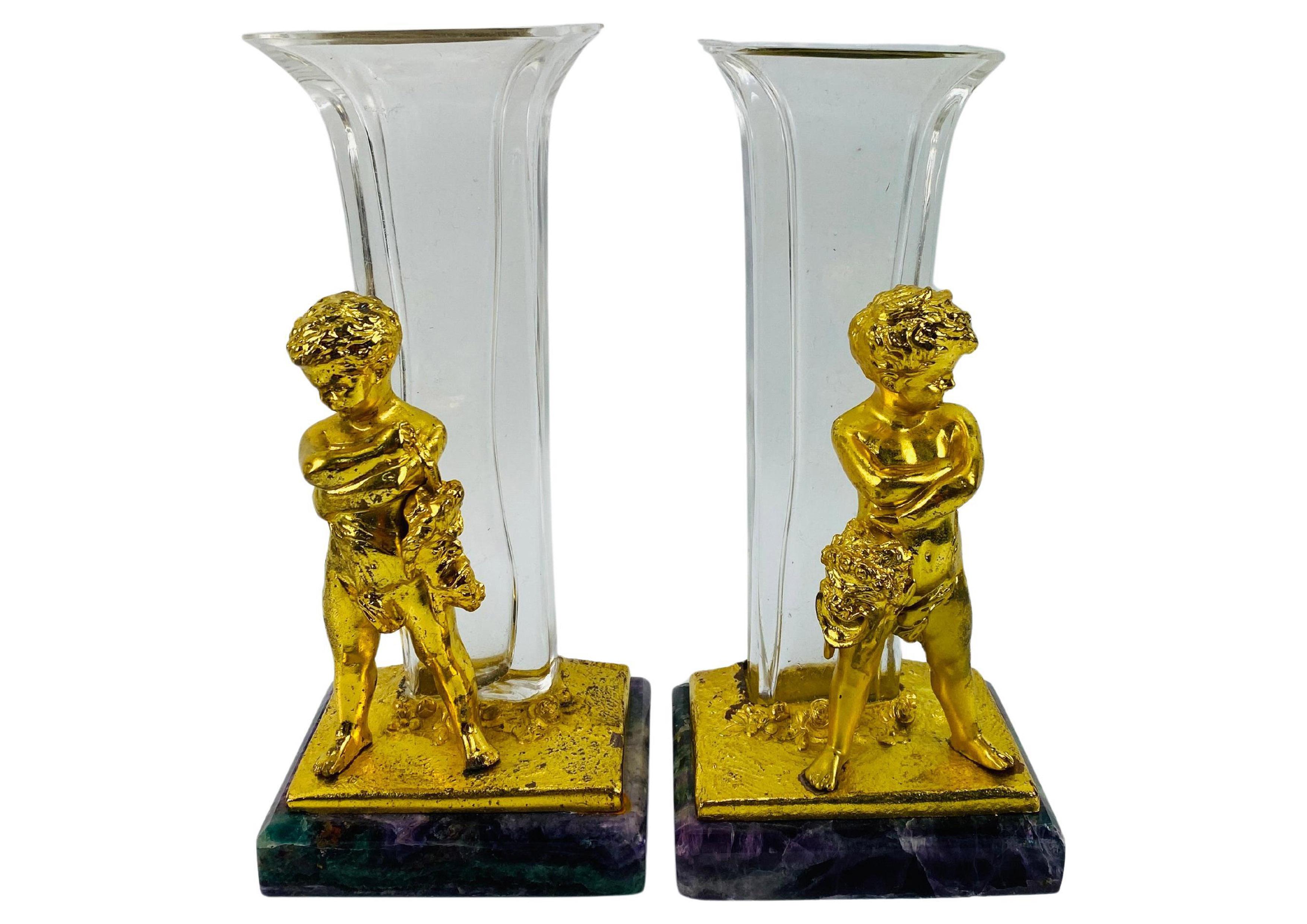 French Antique Set Of Belle Epoque Gilt Bronze Putti Glass Vases By Louis Kley 1800's For Sale