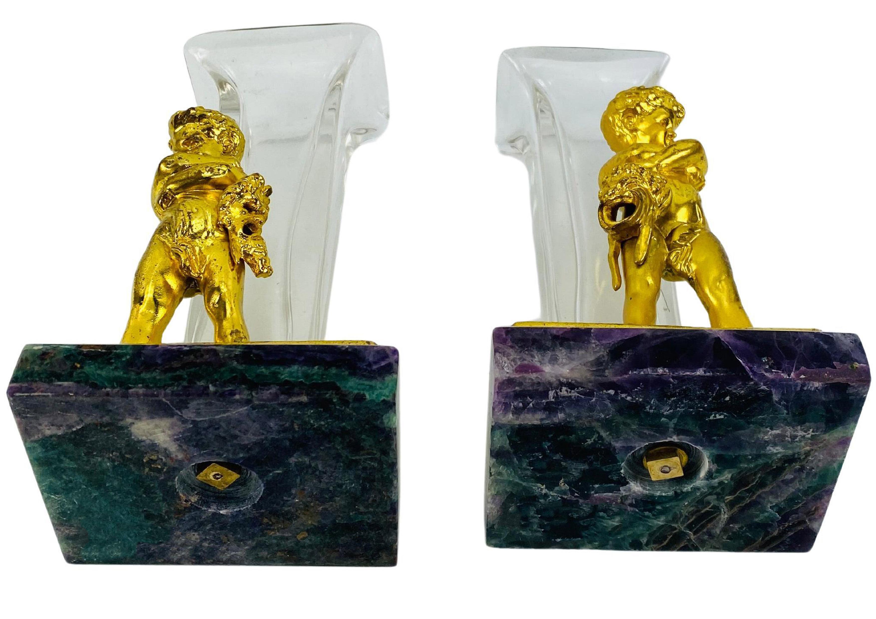 19th Century Antique Set Of Belle Epoque Gilt Bronze Putti Glass Vases By Louis Kley 1800's For Sale