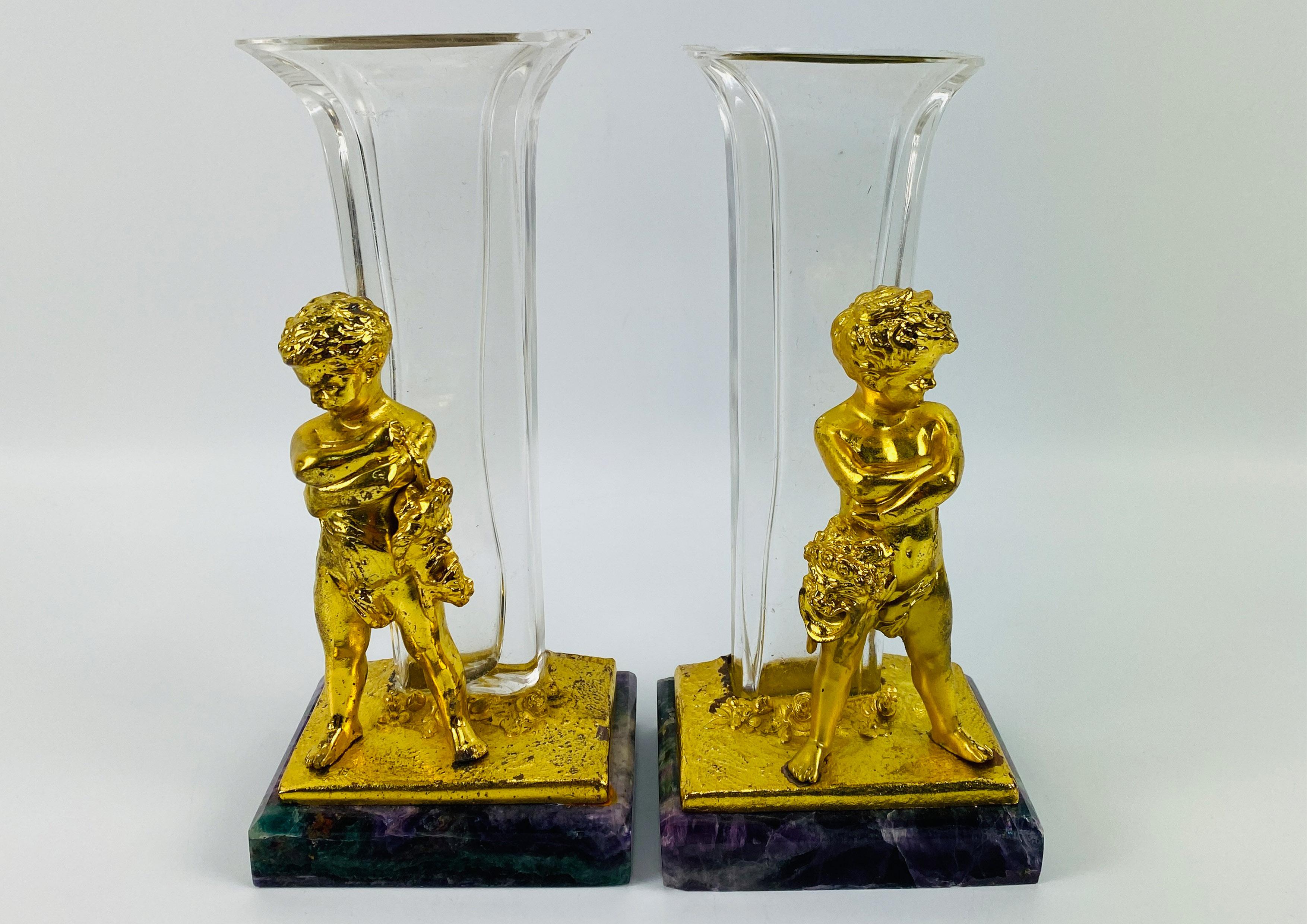 Marble Antique Set Of Belle Epoque Gilt Bronze Putti Glass Vases By Louis Kley 1800's For Sale