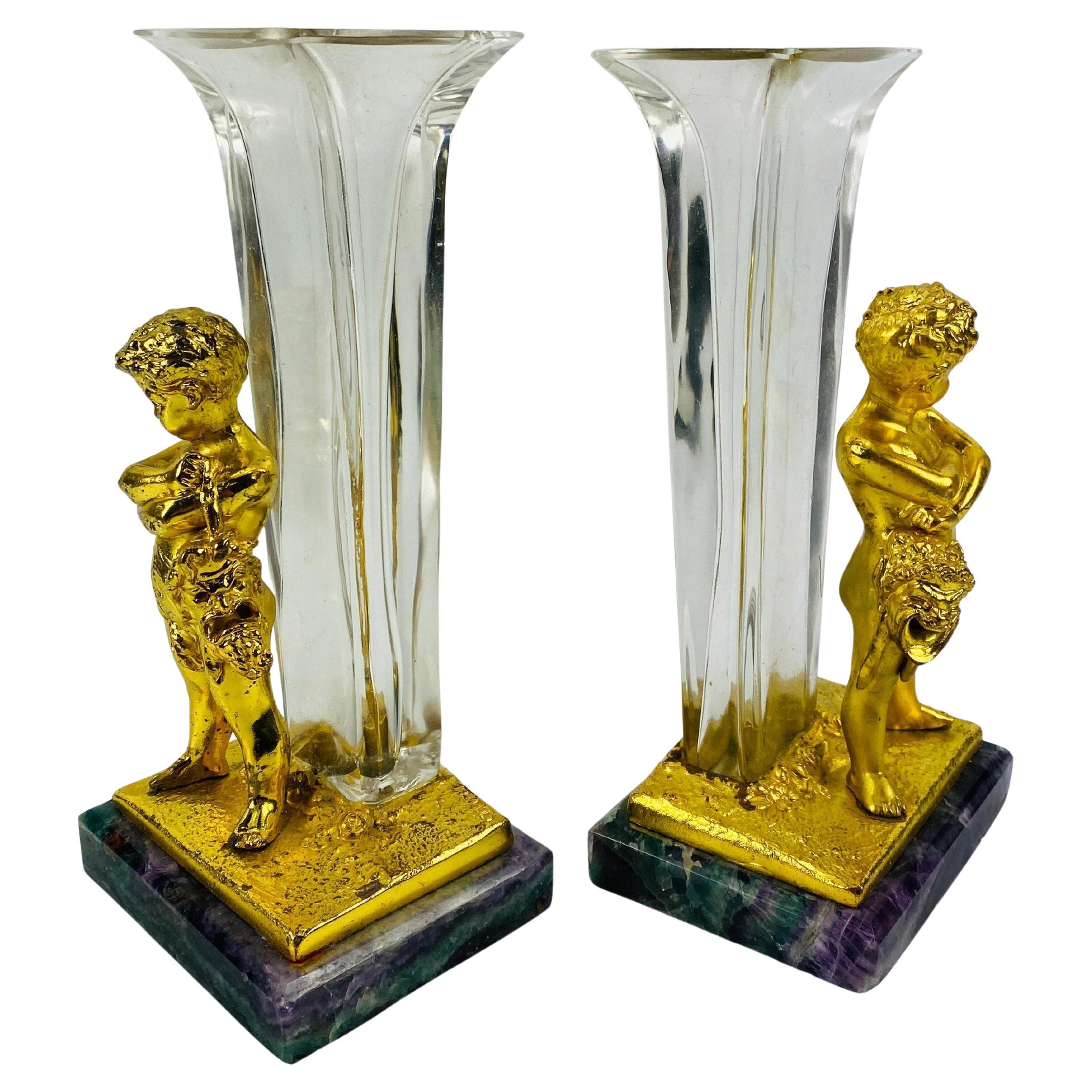 Antique Set Of Belle Epoque Gilt Bronze Putti Glass Vases By Louis Kley 1800
s For Sale
