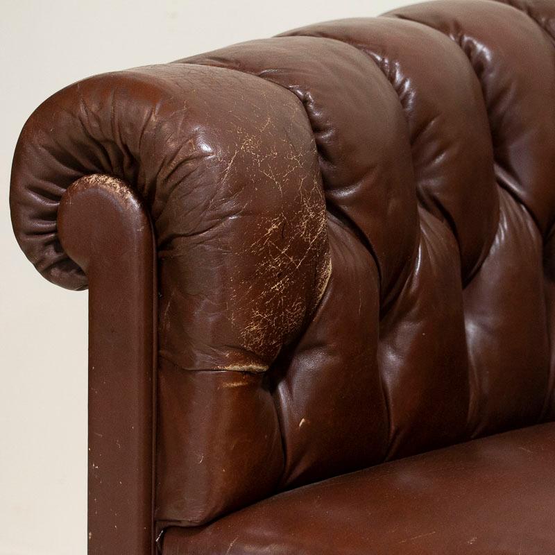 Antique Set of Brown Vintage Leather Chesterfield Sofa and Pair of Club Chairs 6