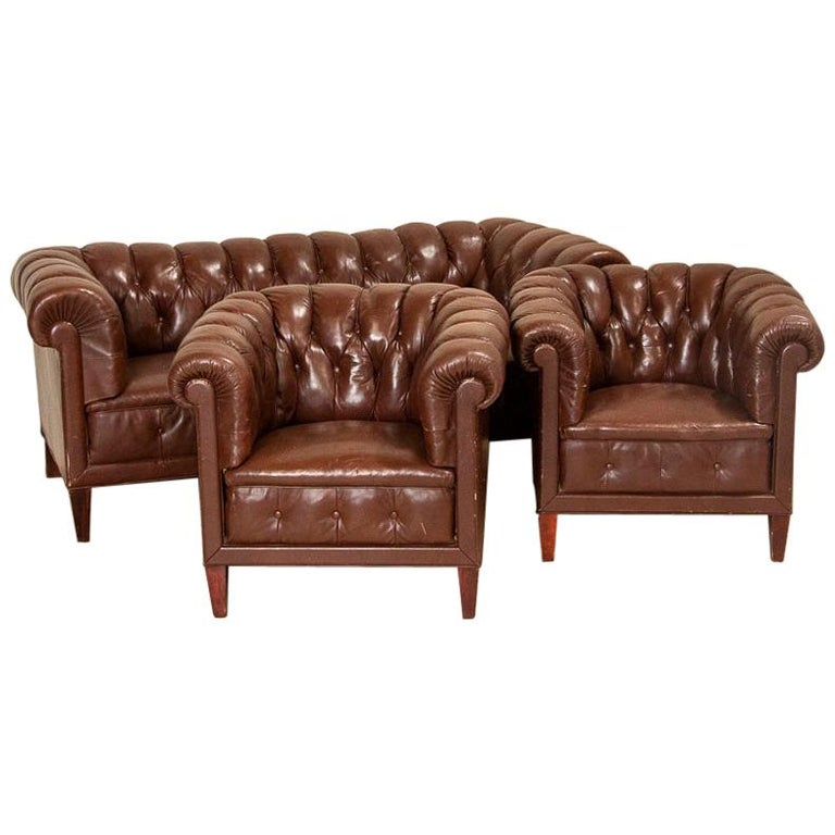 Antique Set of Brown Vintage Leather Chesterfield Sofa and Pair of Club