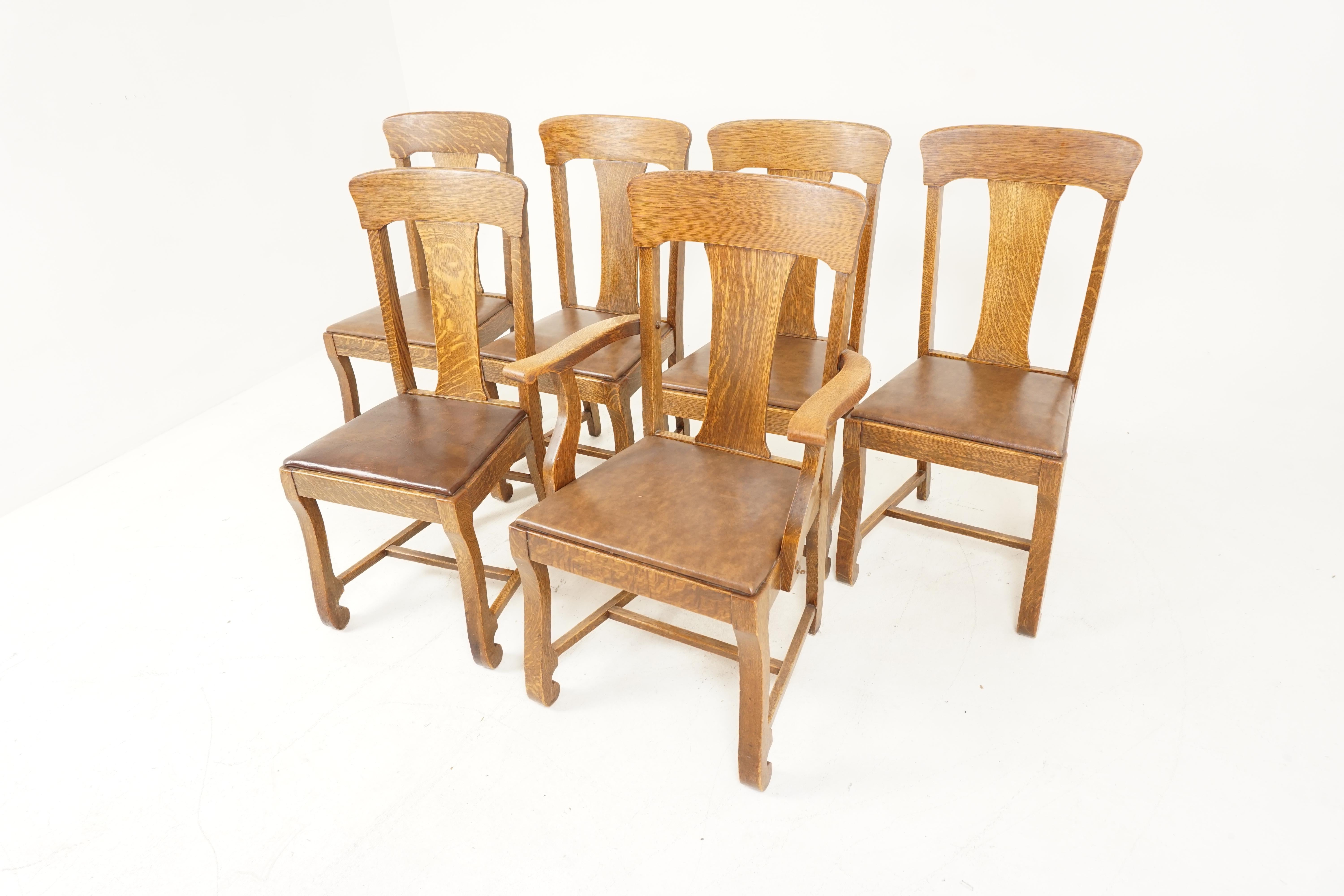 Antique set of chairs, 6 oak upholstered dining chairs, American 1910, B2858

American 1910
Solid oak
Original finish
Shaped top rail
Single slat to the back
Upholstered seat
All standing on shaped front legs
Joined by an h stretcher to the