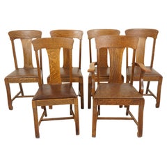 Antique Set of Chairs, 6 Oak Upholstered Dining Chairs, American 1910, B2858