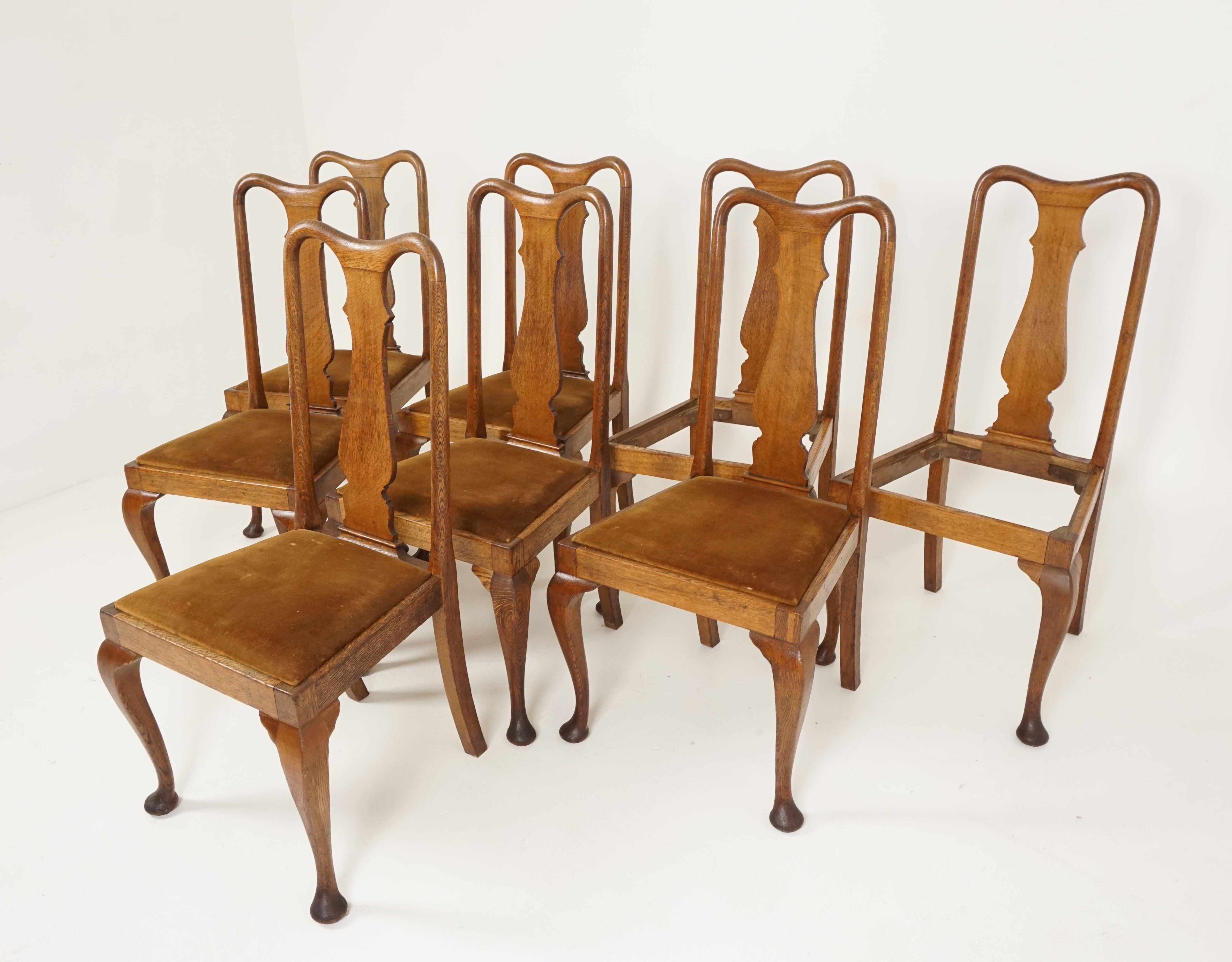 Antique set of chairs, Queen Anne style, oak, 8 dining chairs, Scotland 1910, B2327

Scotland, 1910
Solid oak
Original finish
Lovey high shaped backs
Shaped centre splat
Lift out upholstered seat
All standing on queen Anne style front
