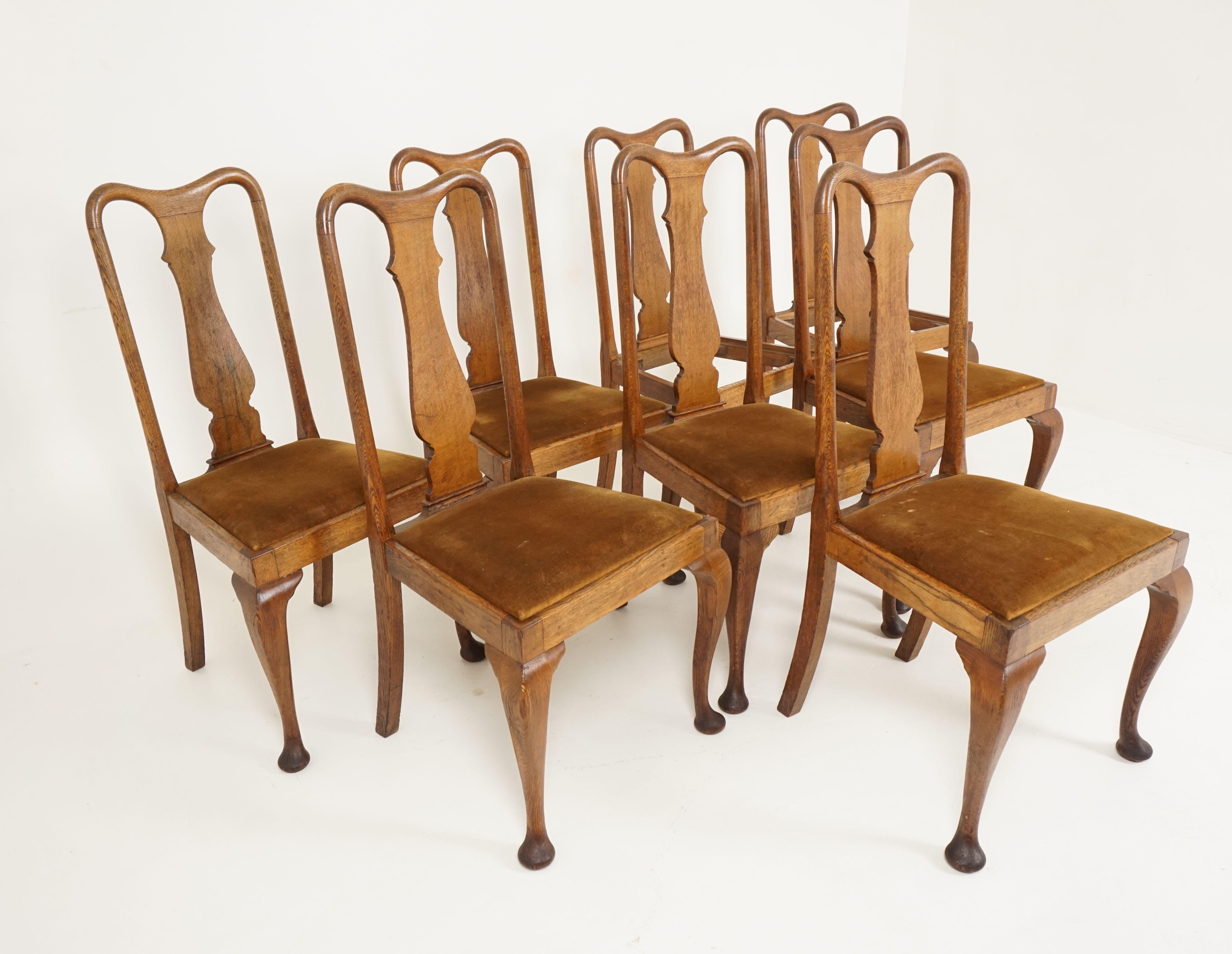 Scottish Antique Set of Chairs, Queen Anne Style, Oak, 8 Chairs, Scotland 1910, B2327