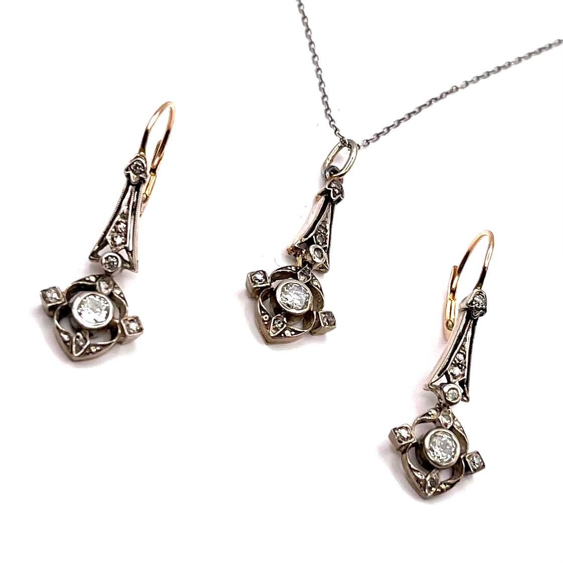 Antico set di orecchini e pendente con diamanti, Austria, circa 1900. In condizioni buone in vendita a Chorzów, PL