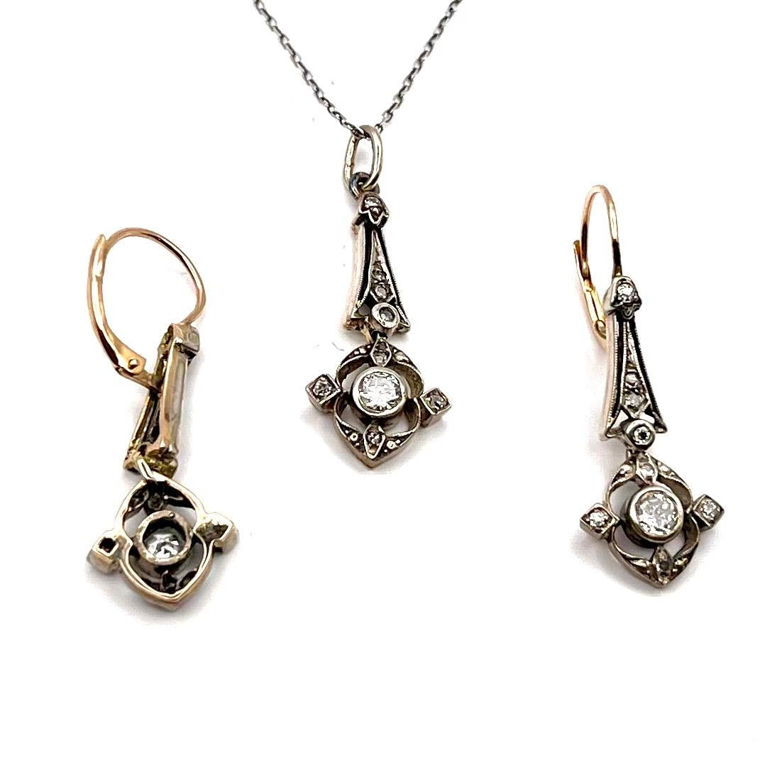Old European Cut Antique set of earrings and pendant with diamonds, Austria, circa 1900. For Sale