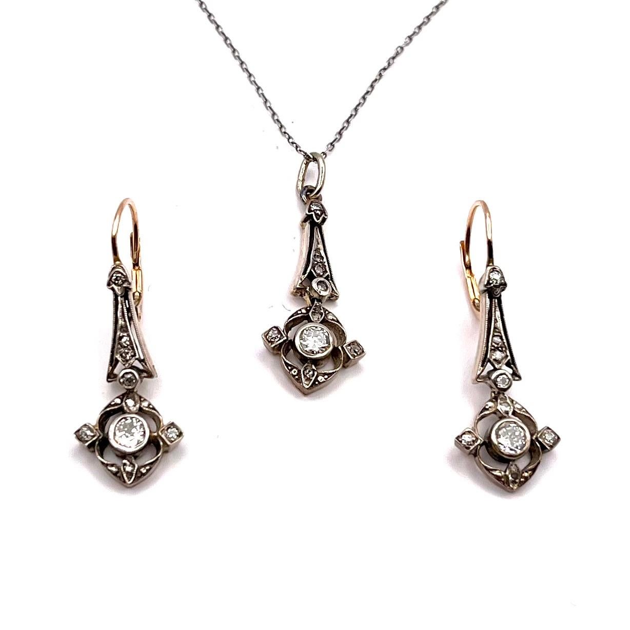 Antique set of earrings and pendant with diamonds, Austria, circa 1900. For Sale