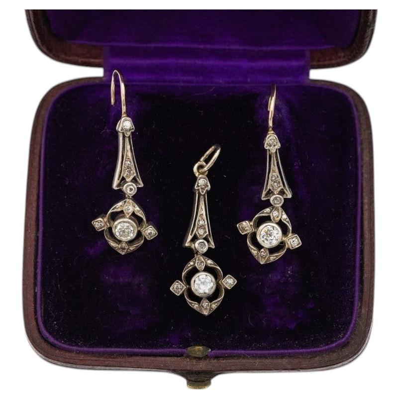 Antico set di orecchini e pendente con diamanti taglio vecchio, Austria, circa 1900.