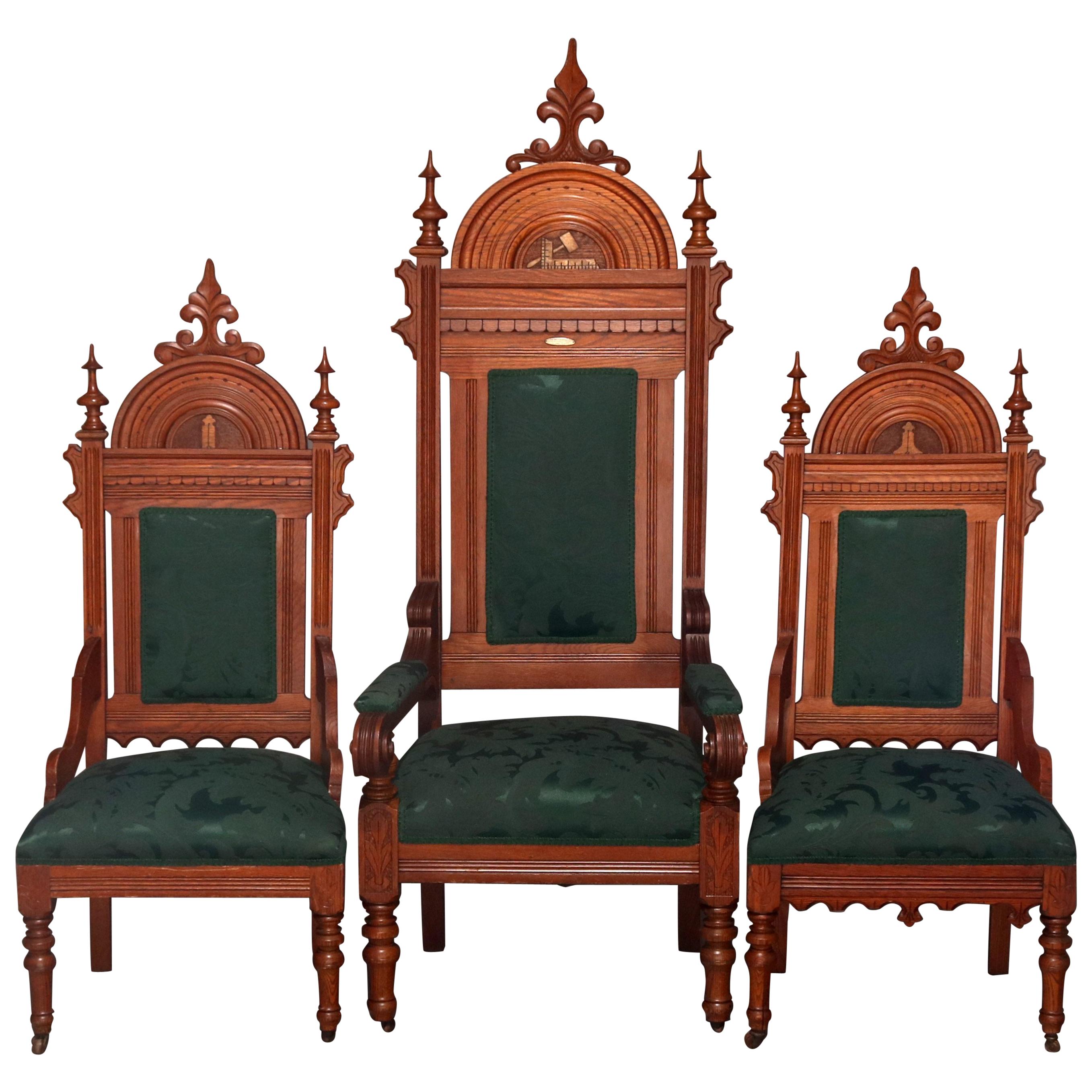 Antique Set of Eastlake Carved Oak Masonic Ceremonial Throne Chairs, circa 1910