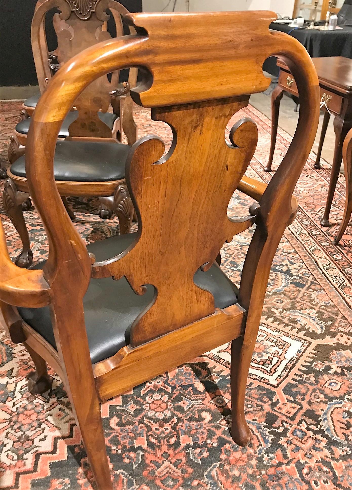 Antique Set of Eight English Walnut Queen Anne Dining Chairs In Excellent Condition In Dallas, TX