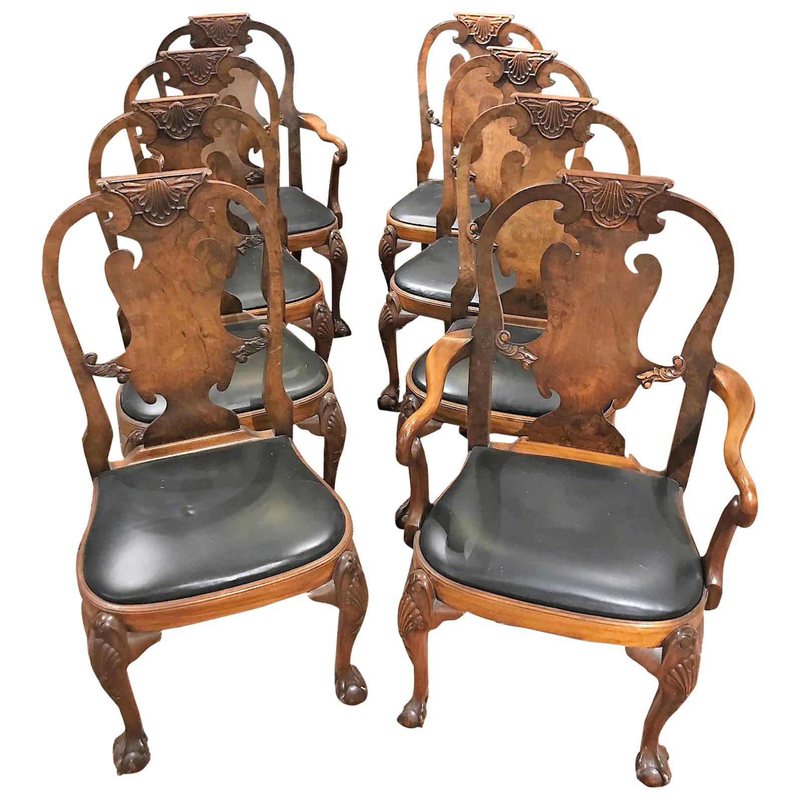 Antique Set of Eight English Walnut Queen Anne Dining Chairs
