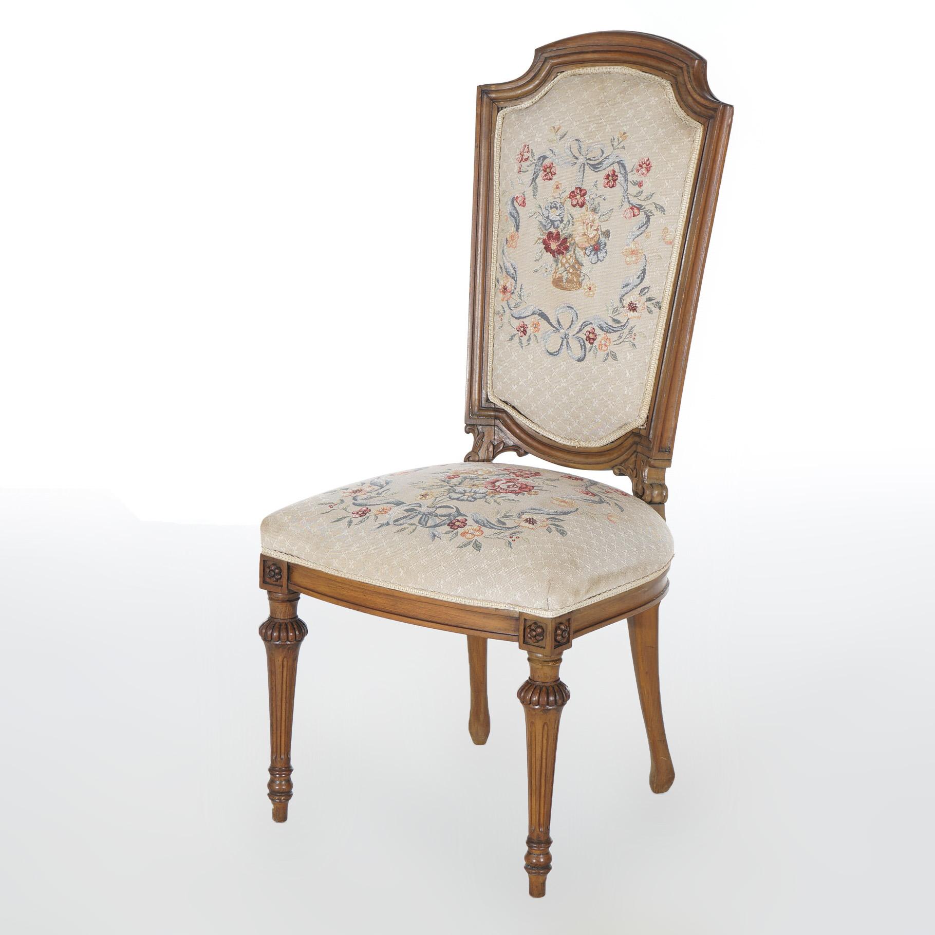 Antique Set of Eight French Louis XVI Walnut Tapestry Dining Chairs Circa 1920 For Sale 11