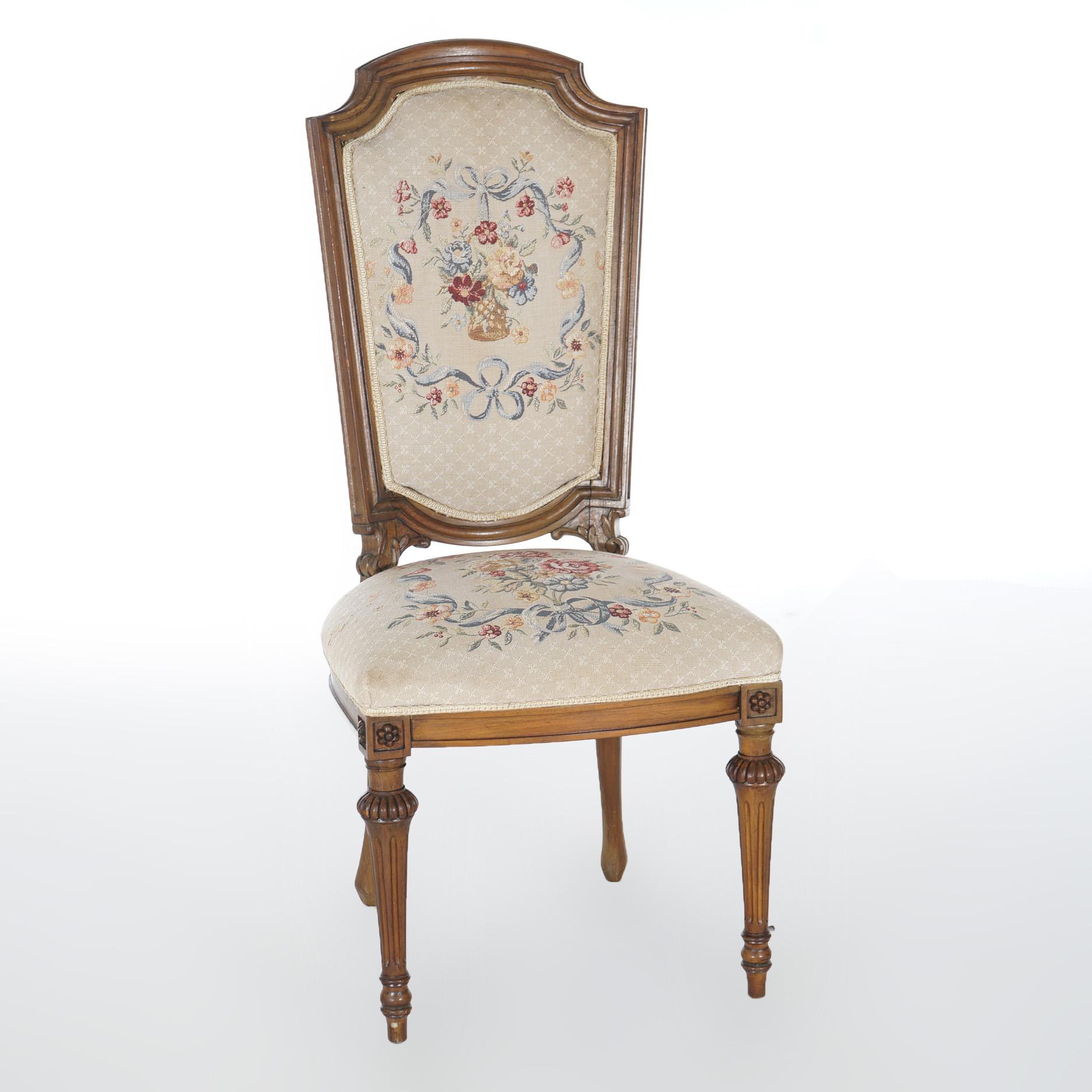 Antique Set of Eight French Louis XVI Walnut Tapestry Dining Chairs Circa 1920 In Good Condition For Sale In Big Flats, NY
