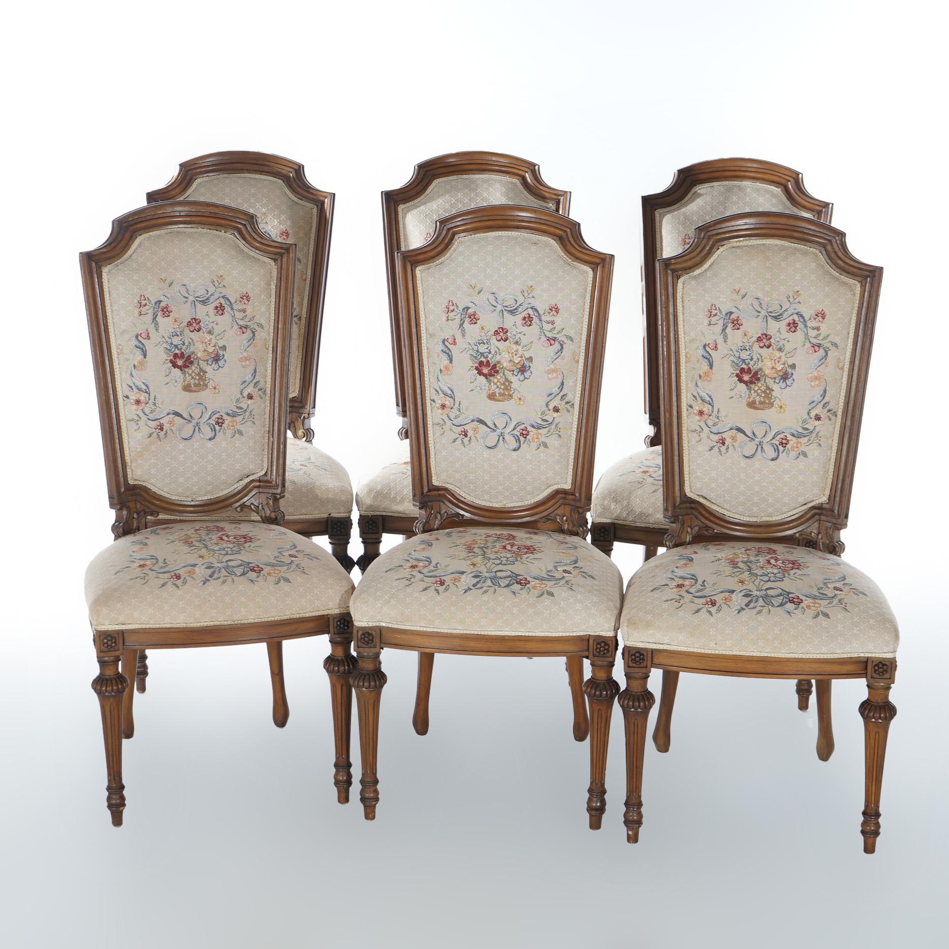 20th Century Antique Set of Eight French Louis XVI Walnut Tapestry Dining Chairs Circa 1920 For Sale
