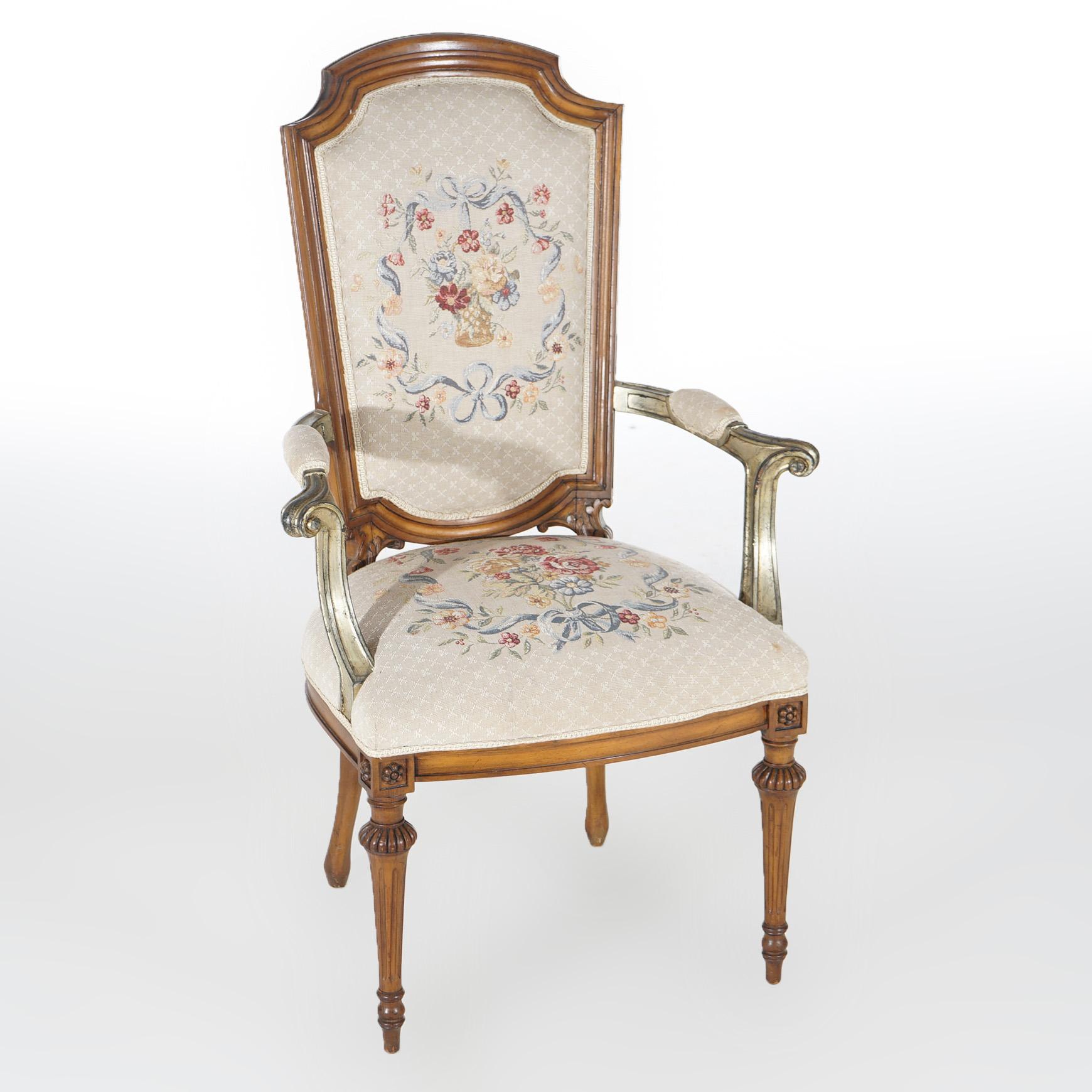 Antique Set of Eight French Louis XVI Walnut Tapestry Dining Chairs Circa 1920 For Sale 1