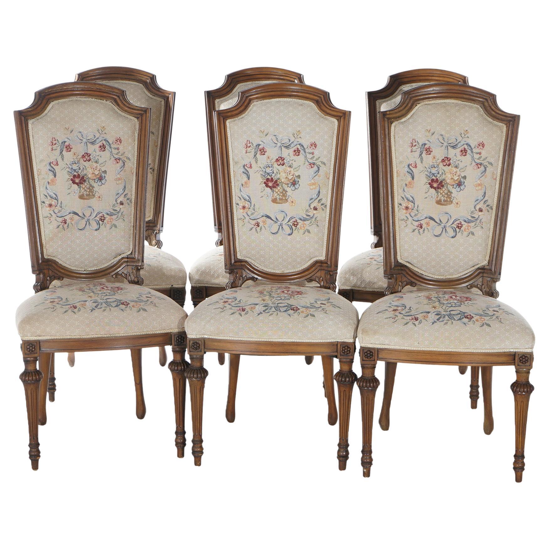 Antique Set of Eight French Louis XVI Walnut Tapestry Dining Chairs Circa 1920