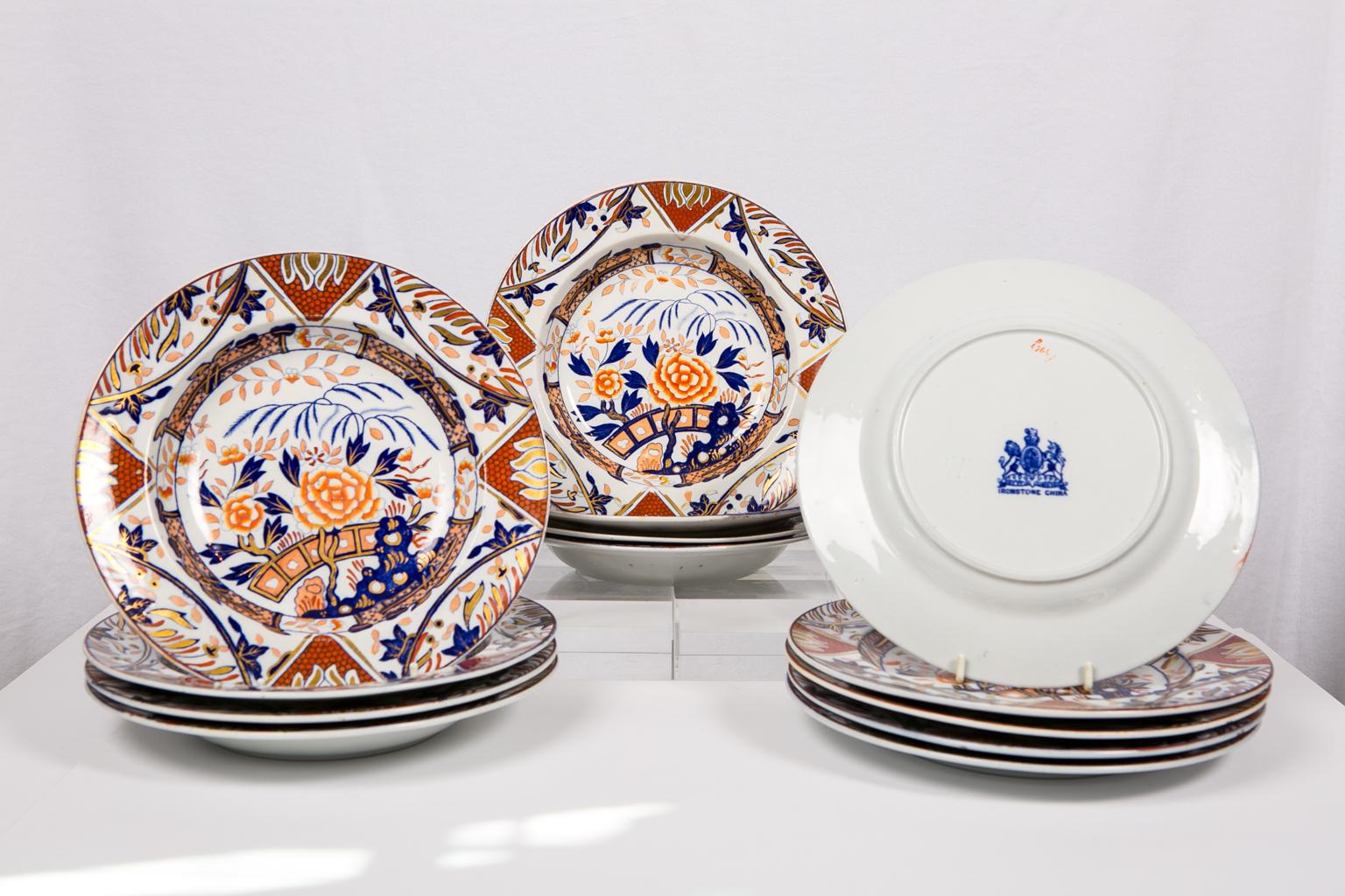 Chinoiserie Antique Set Imari Porcelain Dishes Painted Iron Red Blue Gold England ca. 1880