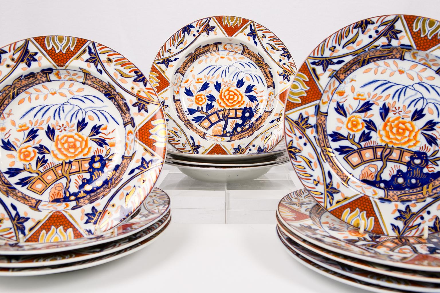 English Antique Set Imari Porcelain Dishes Painted Iron Red Blue Gold England ca. 1880