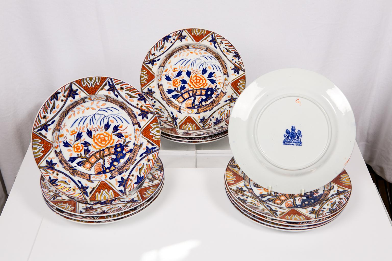 Antique Set Imari Porcelain Dishes Painted Iron Red Blue Gold England ca. 1880 In Excellent Condition In Katonah, NY