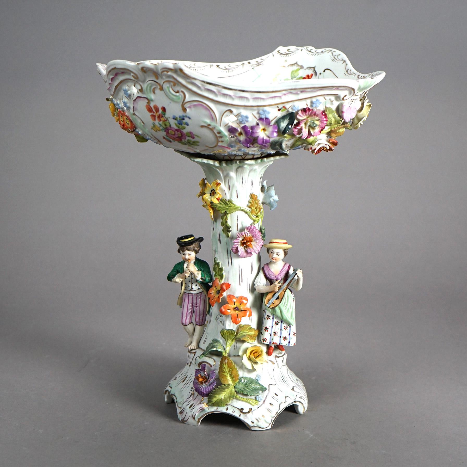Hand-Painted Antique Set of Figural Dresden Porcelain, Compote & Pair Candelabra, c1890