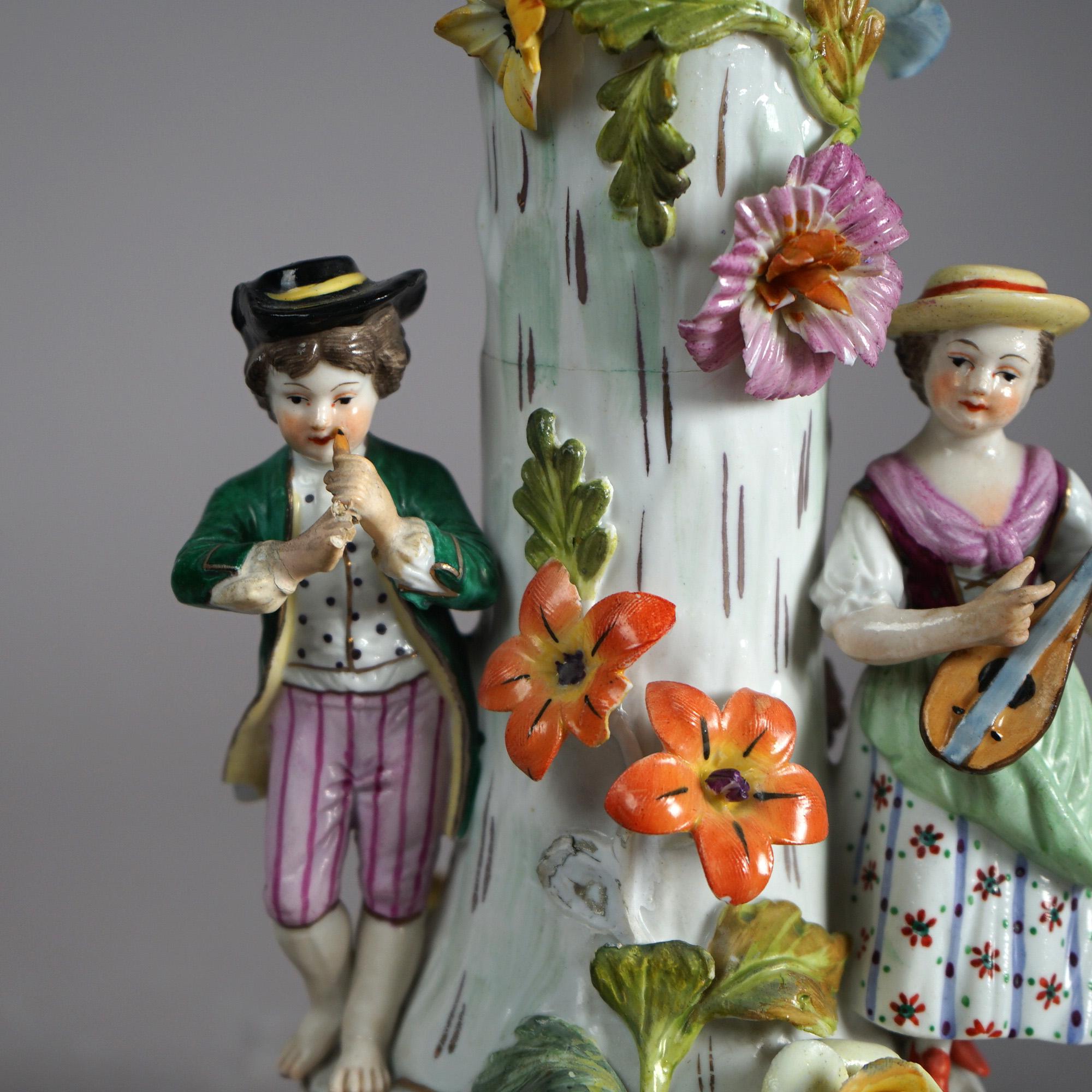 19th Century Antique Set of Figural Dresden Porcelain, Compote & Pair Candelabra, c1890