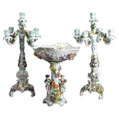 Antique Set of Figural Dresden Porcelain, Compote & Pair Candelabra, c1890