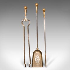 Antique Set Of Fireside Tools, English, Brass, Shovel, Poker, Tongs, Georgian