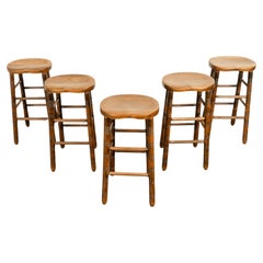 Antique Set of Five Antique Arts & Crafts Turned Elm Bar Sadle Seat Stools 1900